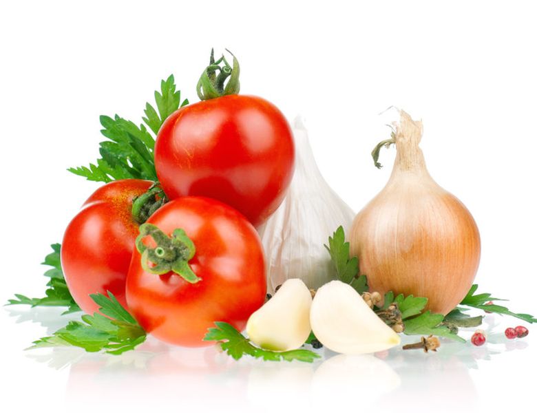 Fresh vegetables on white background – tomato, parsley, garlic, pepper, onion